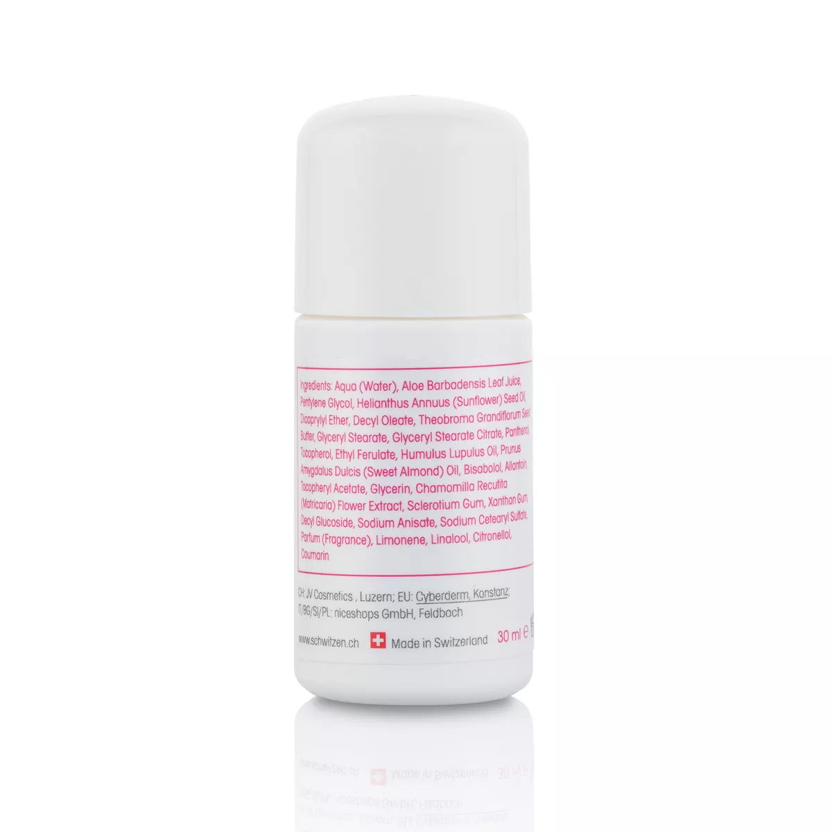 Back view of sweatstop roll-on deodorant bottle showing ingredients label, white 30 ml bottle on a white background