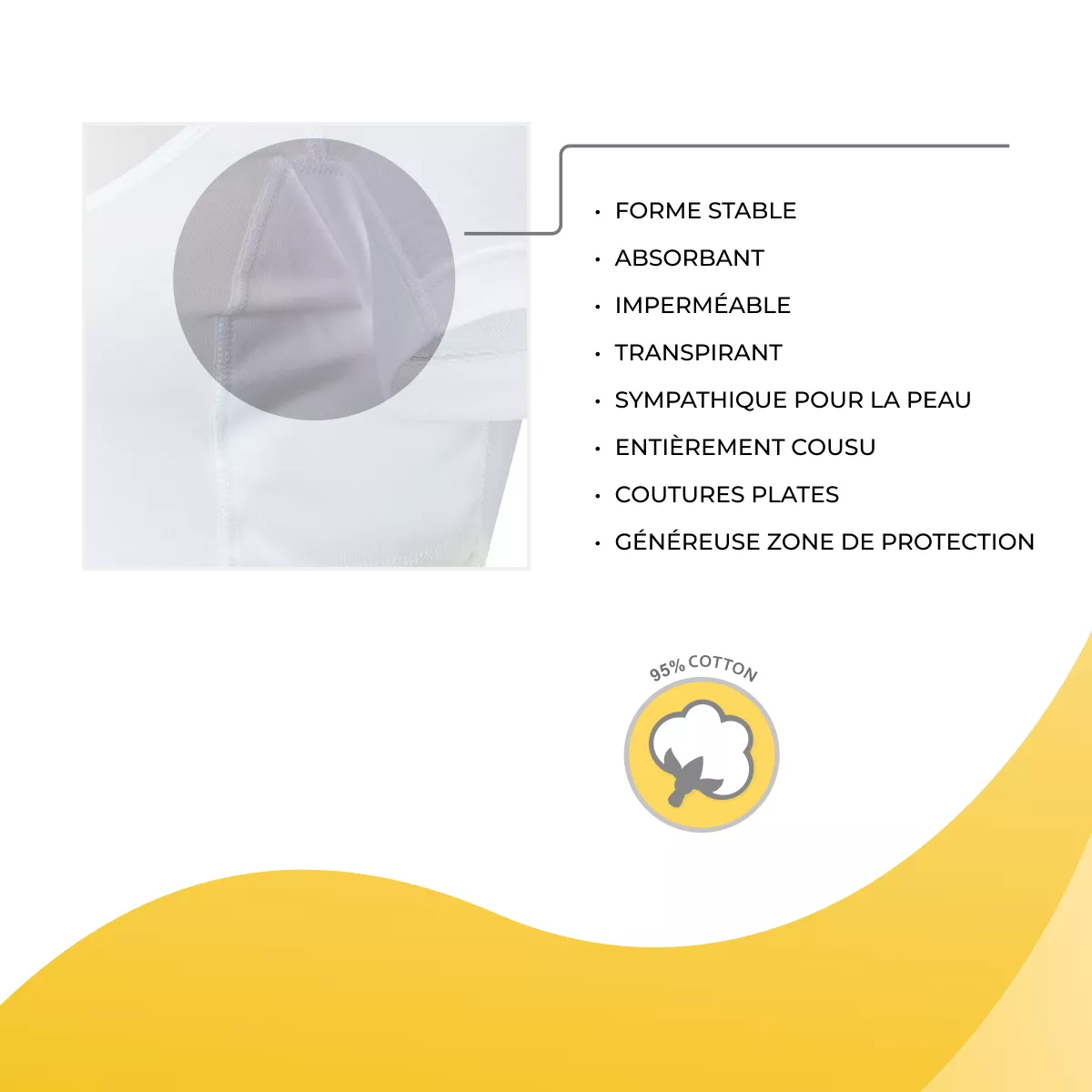 Gros plan sur les protège-aisselles sweatstop en coton 95 %, avec coutures plates et grande zone de protection, absorbants, imperméables et respirants