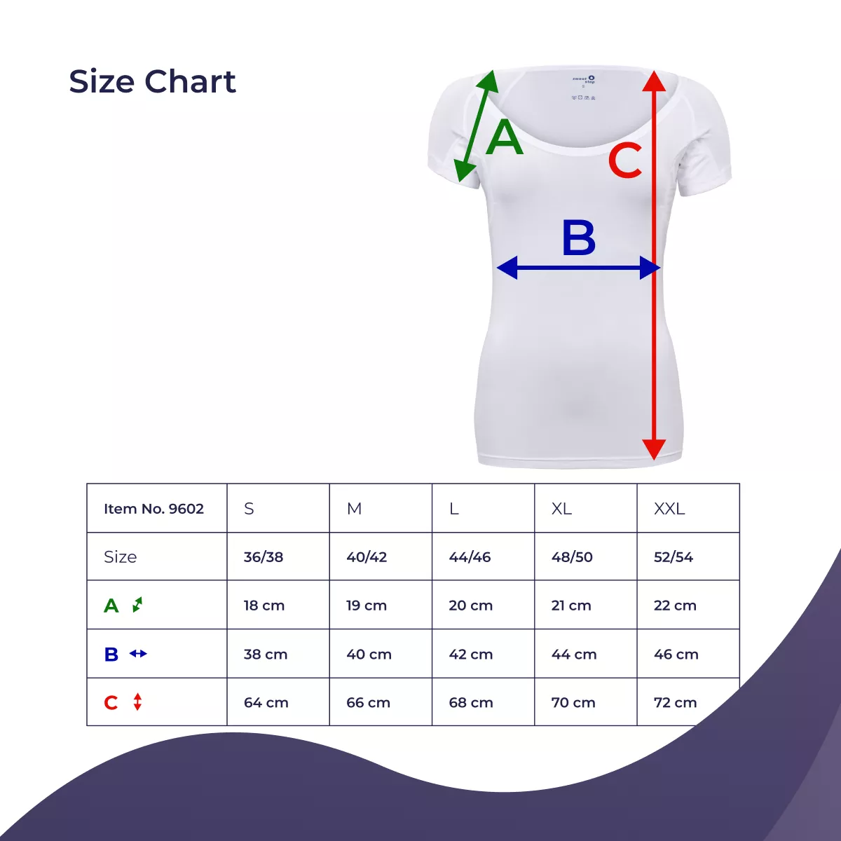 Size chart for SweatStop women’s anti-sweat undershirt item 9602 with A shoulder, B chest width and C shirt length measurements in sizes S to XXL.