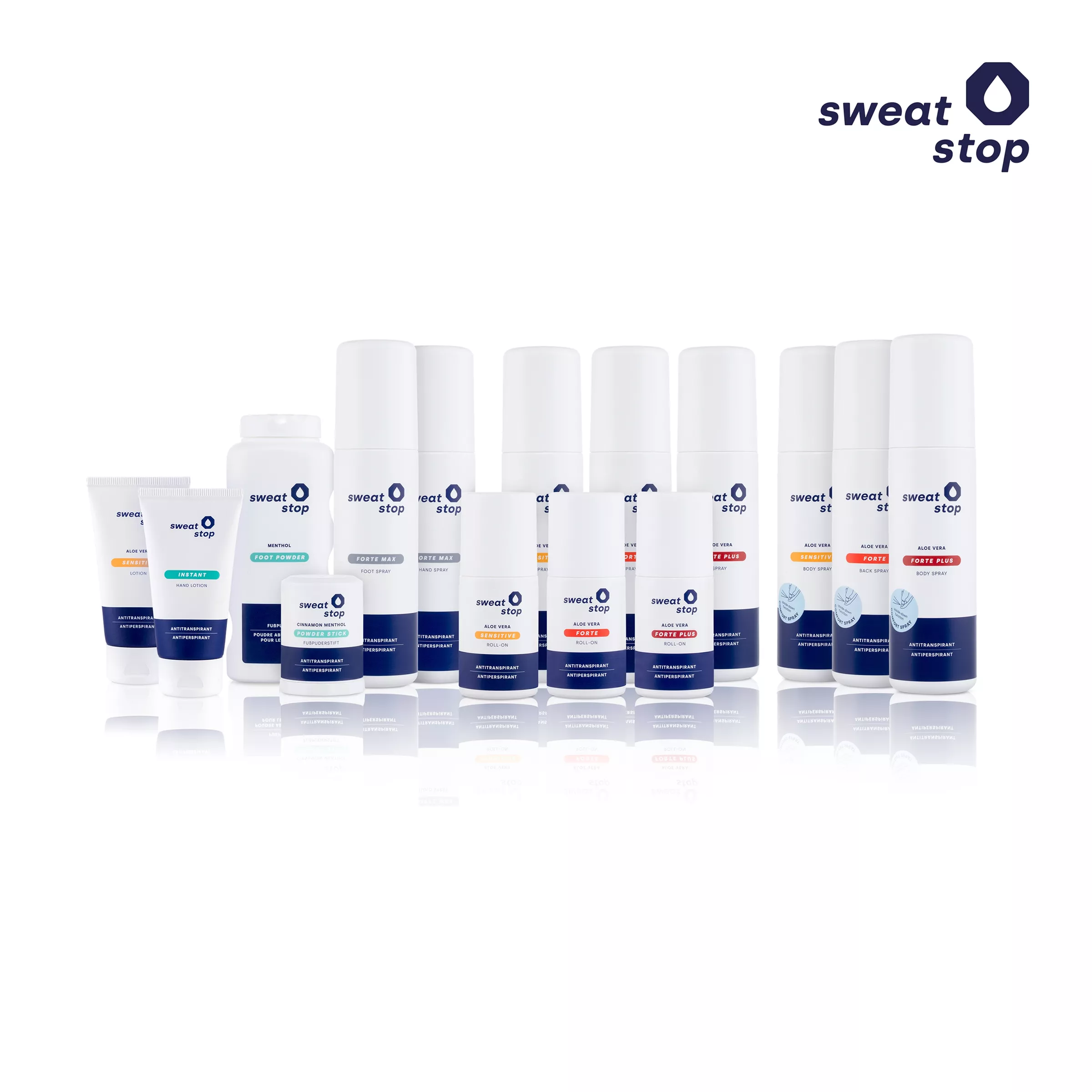 Photo de groupe de la gamme sweatstop avec anti-transpirants roll-on, sprays, lotion pour les mains, poudre pour les pieds et stick sur fond blanc