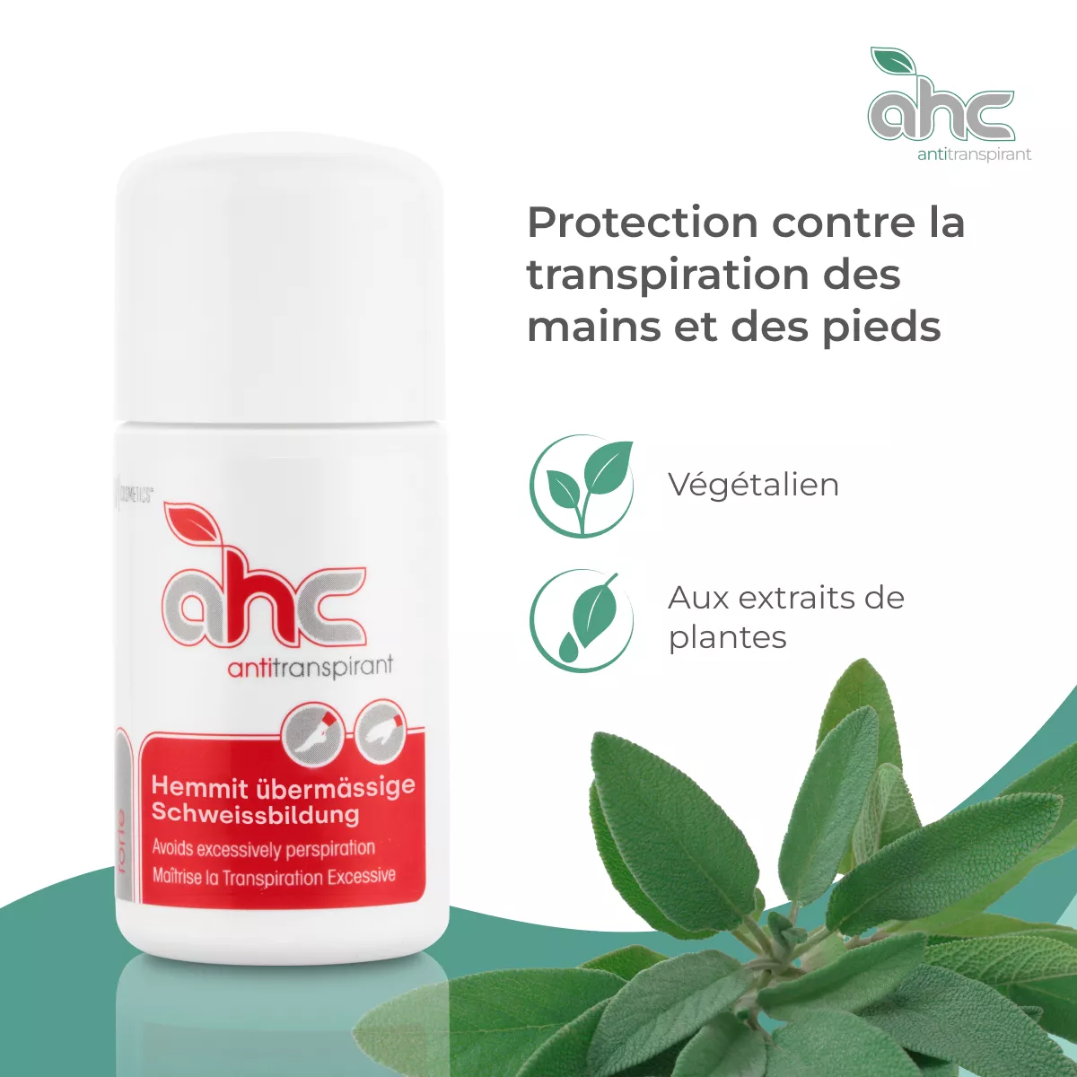 Flacon de sweatstop AHC antitranspirant pour mains et pieds, protection contre la transpiration excessive, formule végétalienne aux extraits de plantes