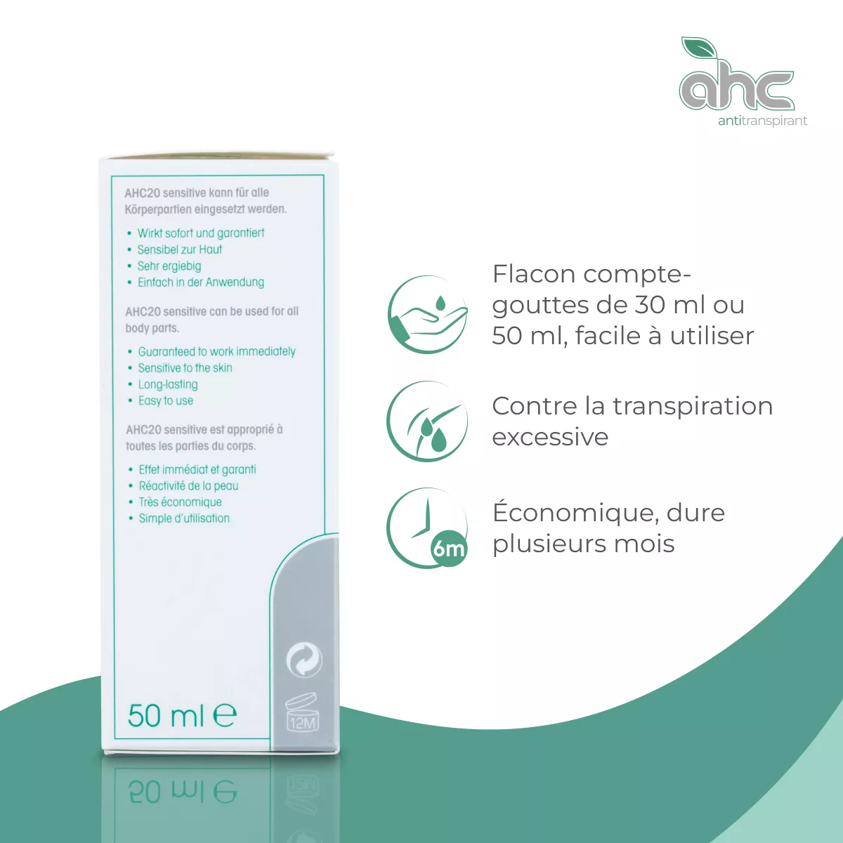 Boîte de sweatstop AHC20 Sensitive antitranspirant 50 ml avec mentions flacon compte-gouttes, facile à utiliser, contre la transpiration excessive et économique pendant plusieurs mois