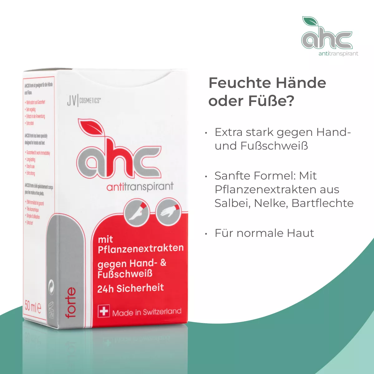 Produktbild sweatstop AHC forte Antitranspirant, 50 ml, gegen feuchte Hände oder Füße, extra stark mit Pflanzenextrakten für normale Haut