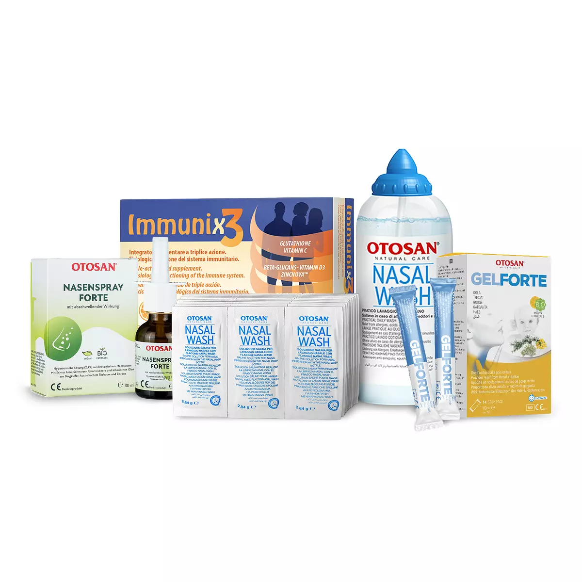 Otosan® products for the cold season: Nasal spray, throat gel, nasal rinse with 30 sachets and Immunix x 3 set