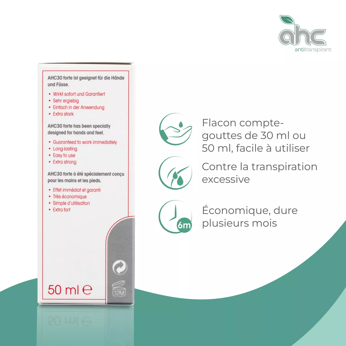 Boîte AHC30 forte antitranspirant sweatstop, flacon compte-gouttes 30 ml ou 50 ml, solution contre la transpiration excessive des mains et des pieds, économique et facile à utiliser