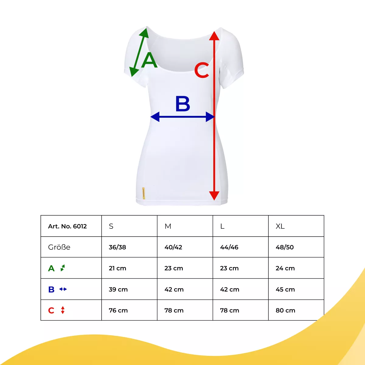 SweatStop Grössentabelle für ein weisses Damen-T-Shirt mit den Massen A, B und C sowie Grössenangaben von S bis XL