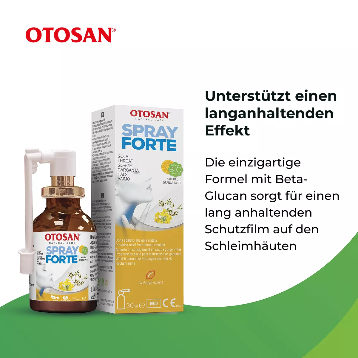 OTOSAN Spray Forte Halsspray 30 ml mit Sprühkopf und Verpackung, unterstützt einen langanhaltenden Schutzfilm auf den Schleimhäuten