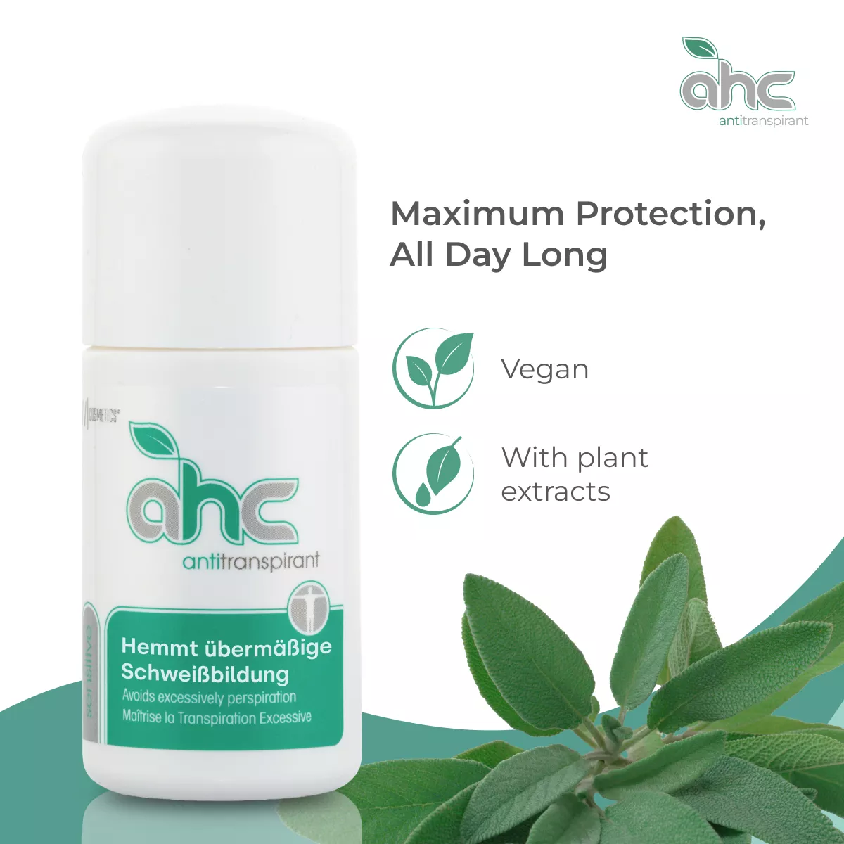sweatstop ahc antitranspirant roll-on bottle with plant extracts and vegan formula for maximum all-day protection against excessive perspiration