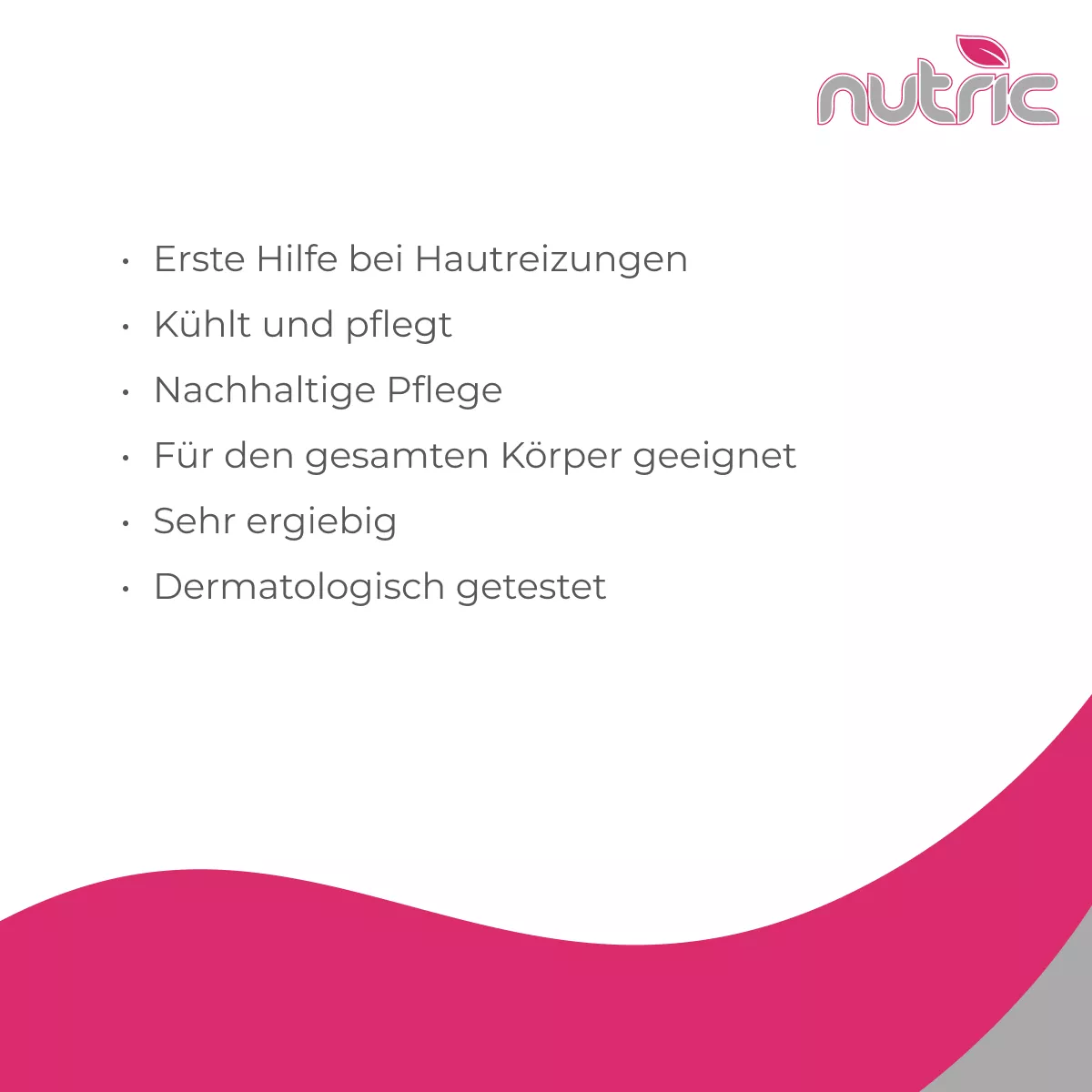 Infografik von nutric zum Pflegeprodukt: Erste Hilfe bei Hautreizungen, kühlt und pflegt, nachhaltige Pflege, für den gesamten Körper geeignet, sehr ergiebig, dermatologisch getestet