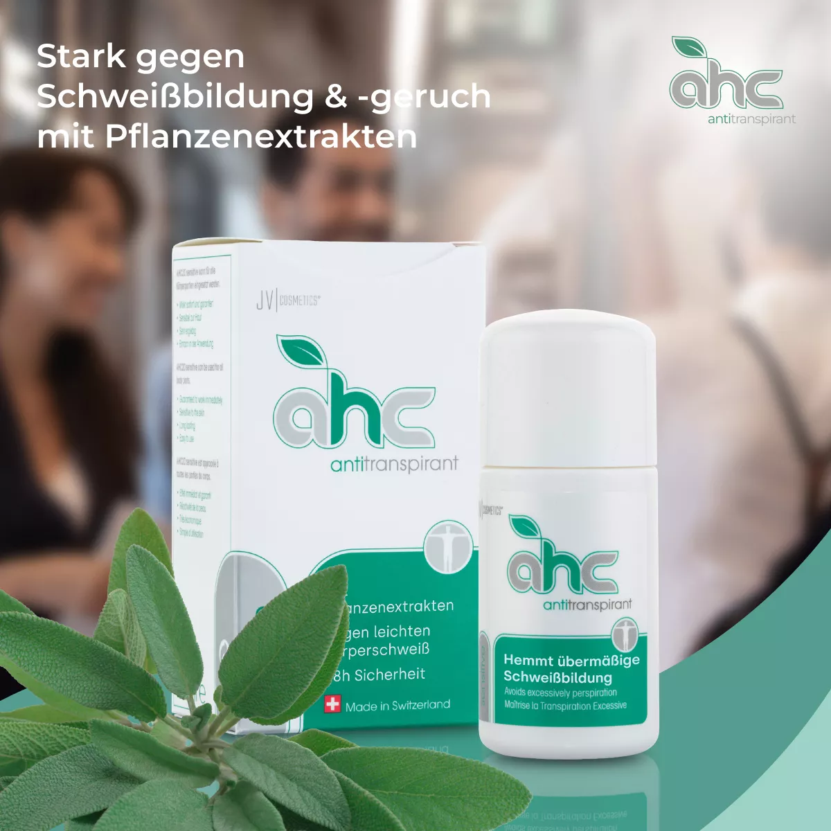 Produktbild ahc Antitranspirant von sweatstop mit Verpackung und Roll-on, wirksam gegen starke Schweißbildung und -geruch mit Pflanzenextrakten