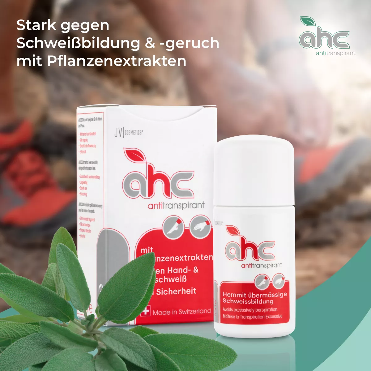 sweatstop AHC Antitranspirant Flasche und Verpackung mit Pflanzenextrakten, wirksam gegen starke Schweißbildung und Schweißgeruch