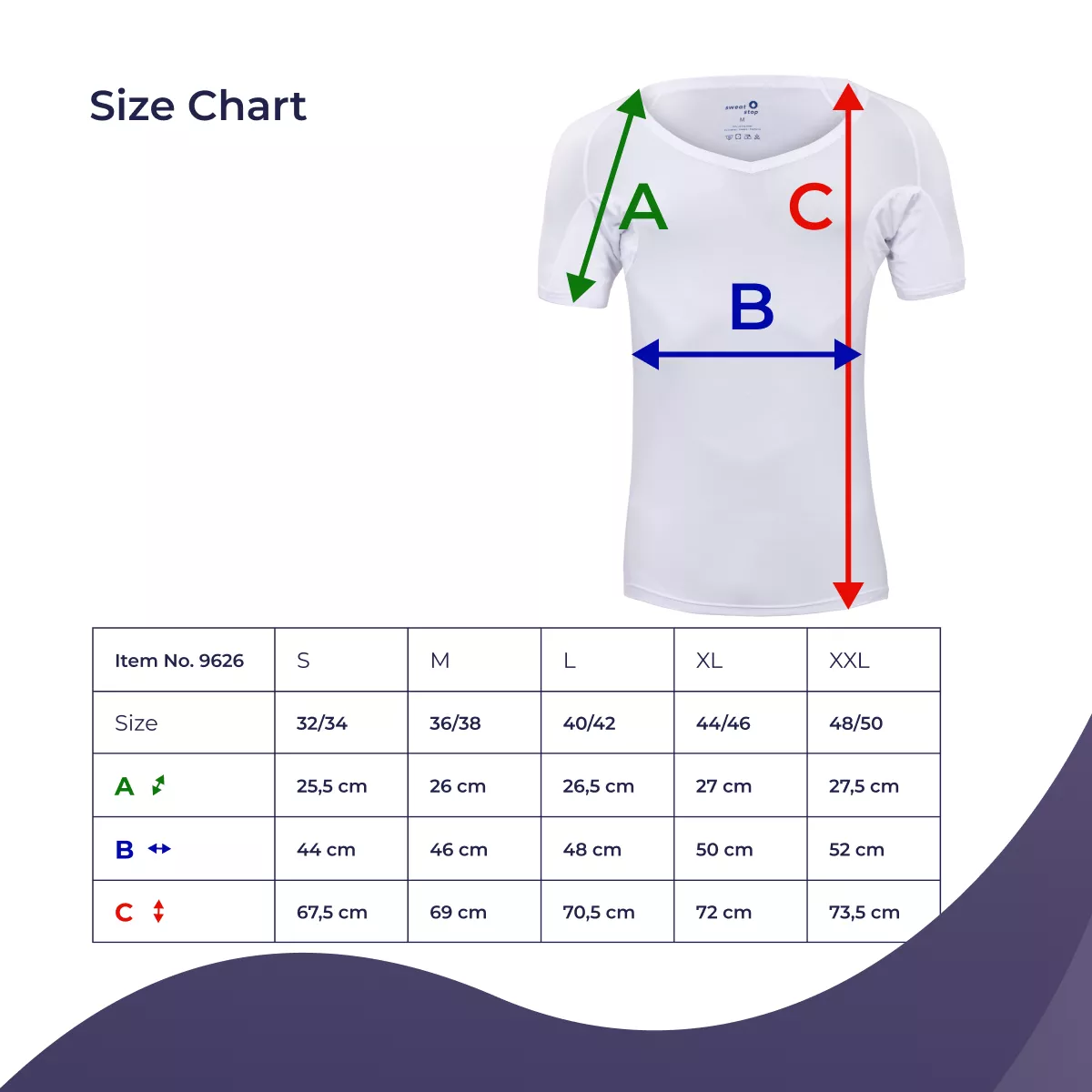 Size chart for SweatStop women’s anti-sweat shirt item 9626 showing T-shirt measurements A sleeve, B chest width and C length for sizes S to XXL