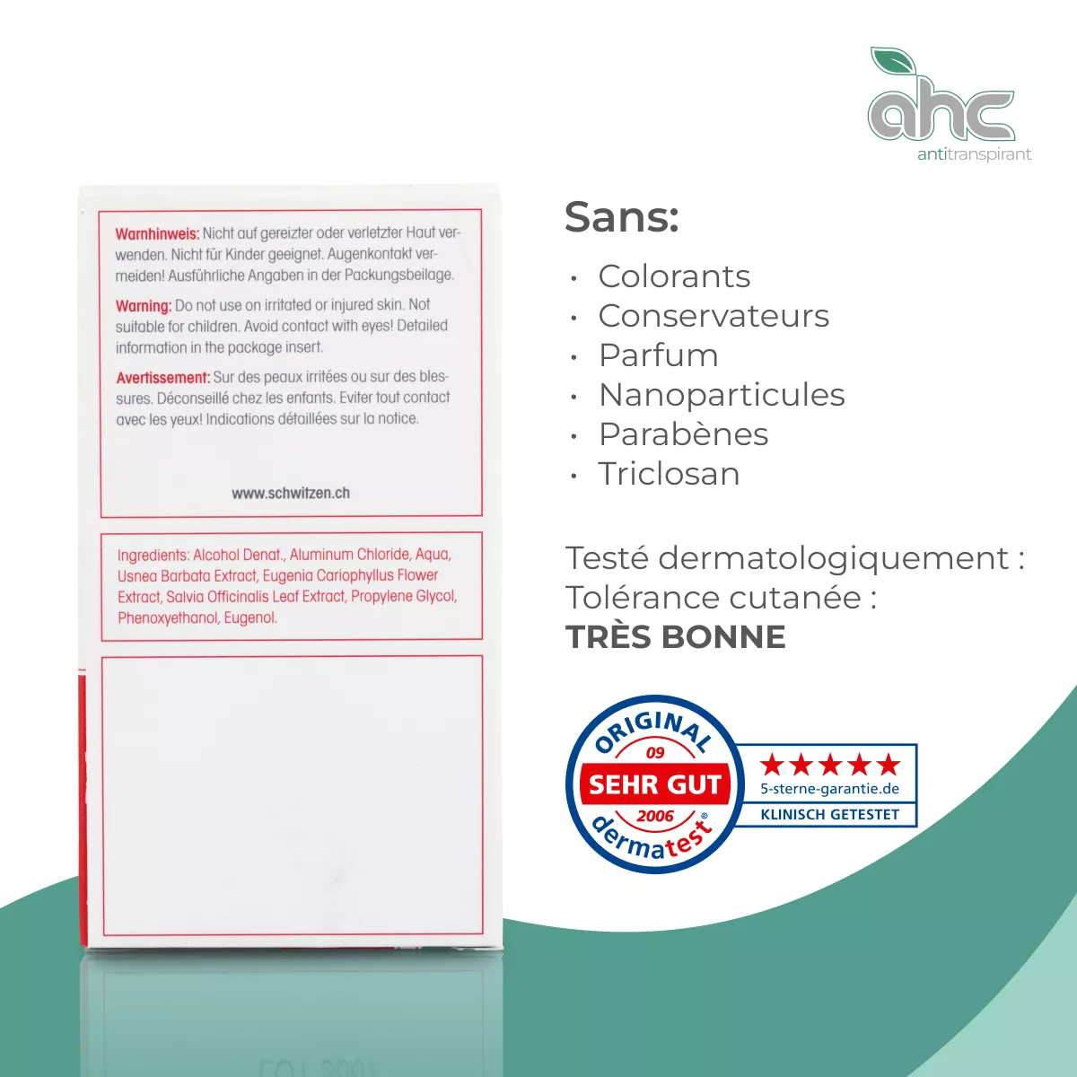 Verso du sweatstop ahc antitranspirant montrant les avertissements, la liste des ingrédients, la formule sans colorants, conservateurs, parfum, nanoparticules, parabènes ni triclosan, et le test dermatologique