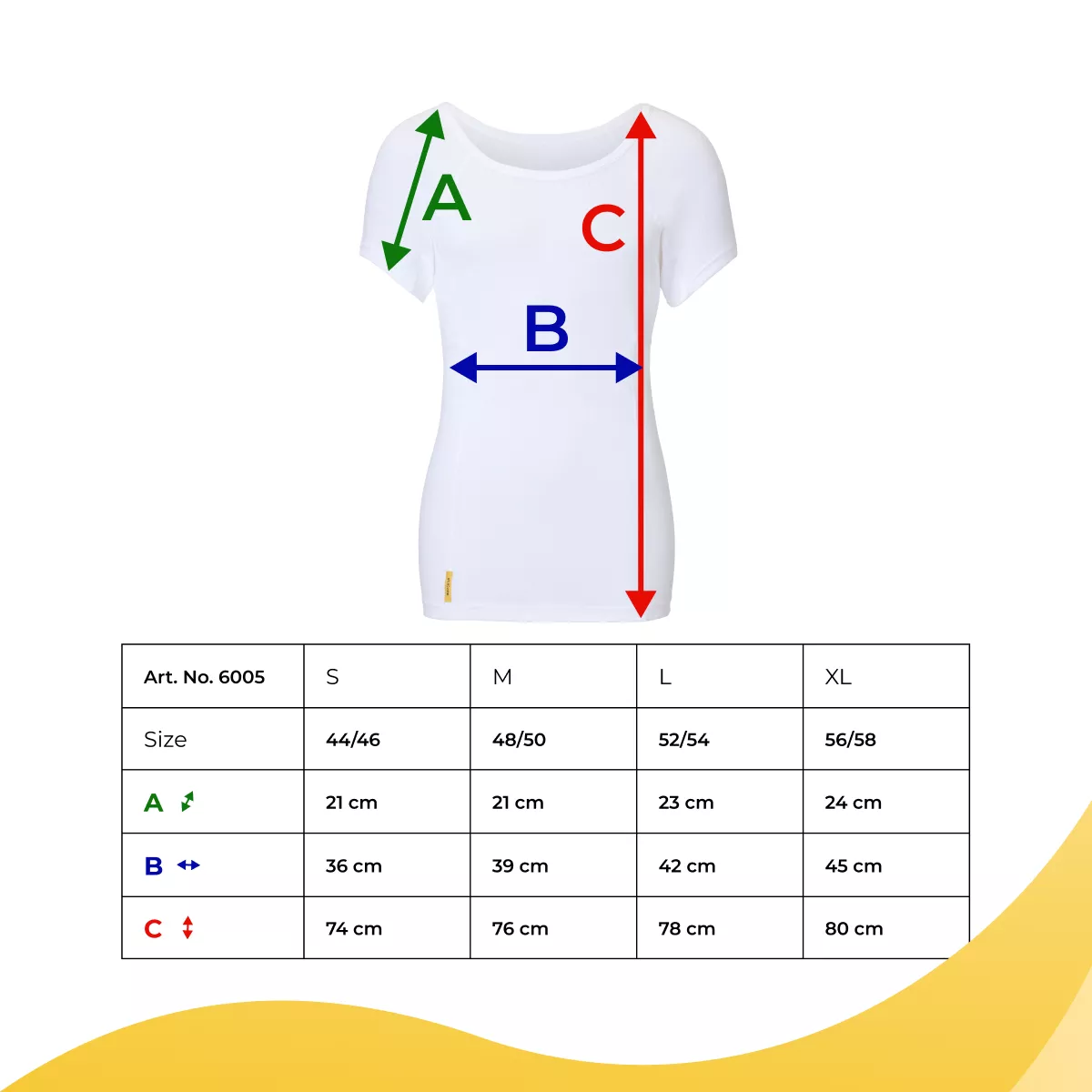 SweatStop women’s shirt size chart for Art. No. 6005 showing A sleeve, B chest width and C total length for sizes S to XL