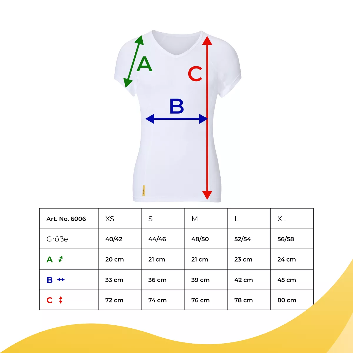 Größentabelle für SweatStop Damen-Shirt Art. Nr. 6006 mit Maßangaben A Schulter, B Breite und C Länge in den Größen XS bis XL