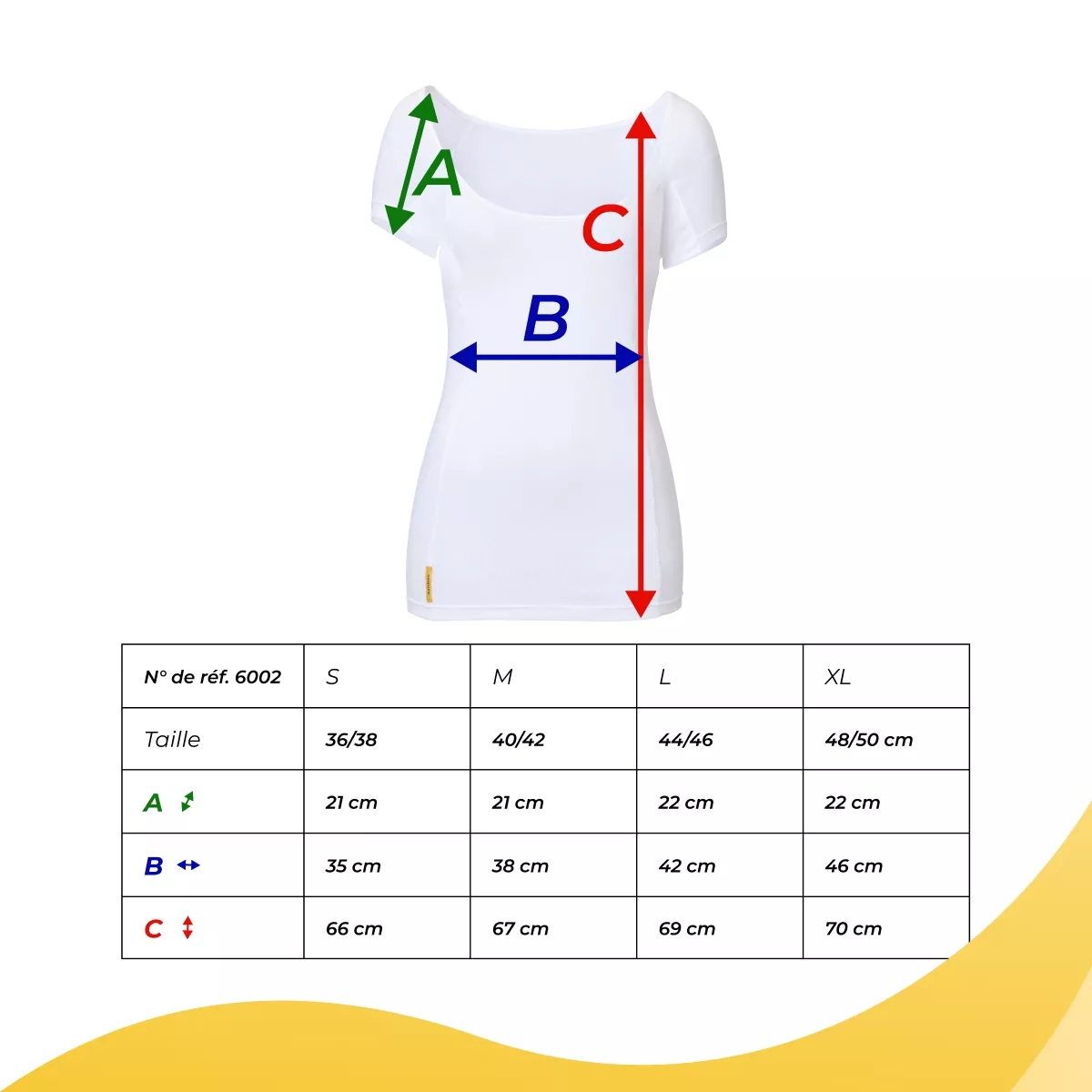 Tableau des tailles SweatStop pour T-shirt femme blanc avec mesures A manche, B poitrine et C longueur du S au XL