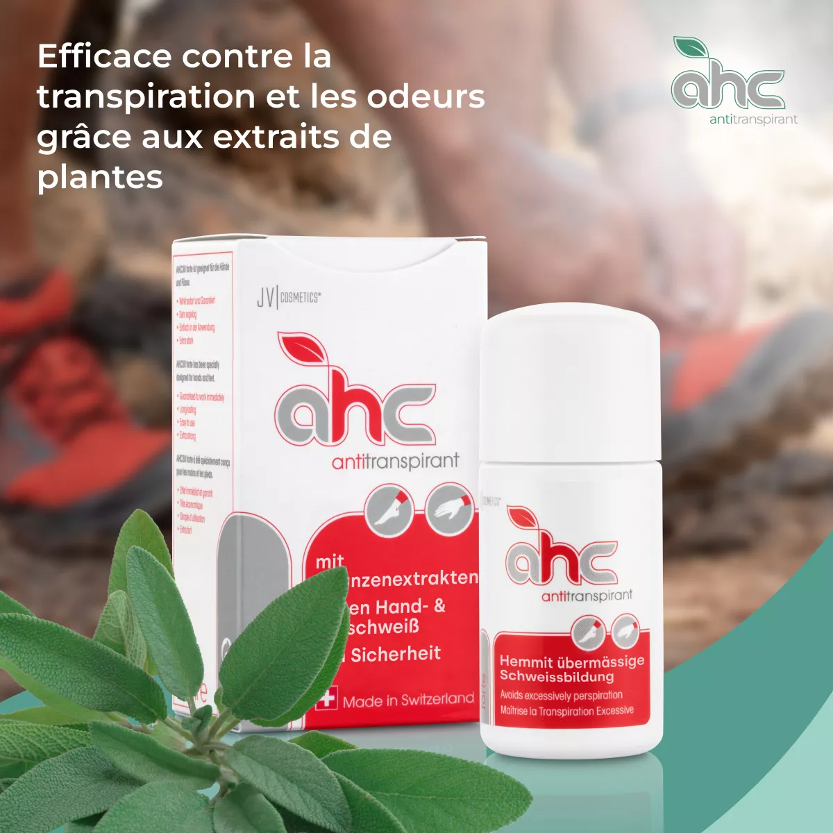 Flacon et emballage de sweatstop AHC antitranspirant, efficace contre la transpiration excessive et les odeurs grâce aux extraits de plantes