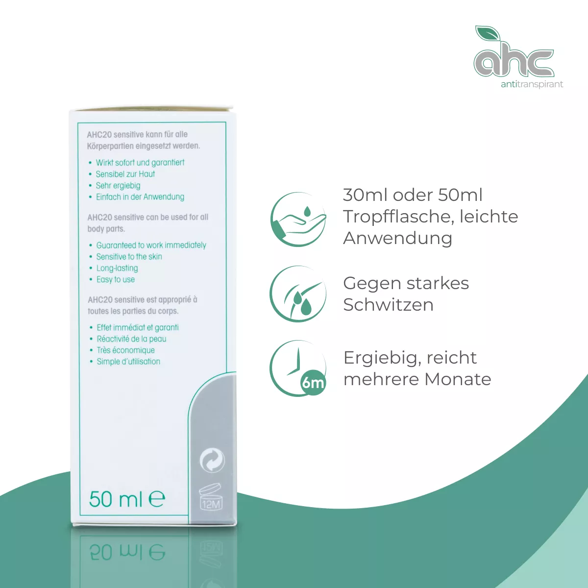 Seitenansicht der AHC20 sensitive 50 ml Tropfflasche von sweatstop Antitranspirant, geeignet für empfindliche Haut, gegen starkes Schwitzen und besonders ergiebig