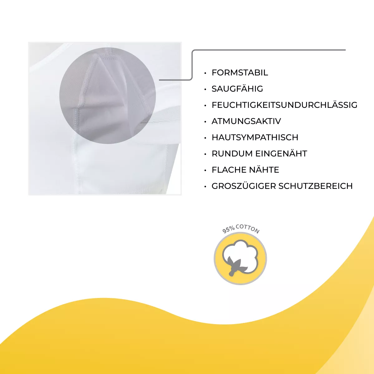 Detailansicht der weißen sweatstop Achselpads aus 95 % Baumwolle mit flachen Nähten und großem Schutzbereich – formstabil, saugfähig, atmungsaktiv und feuchtigkeitsundurchlässig