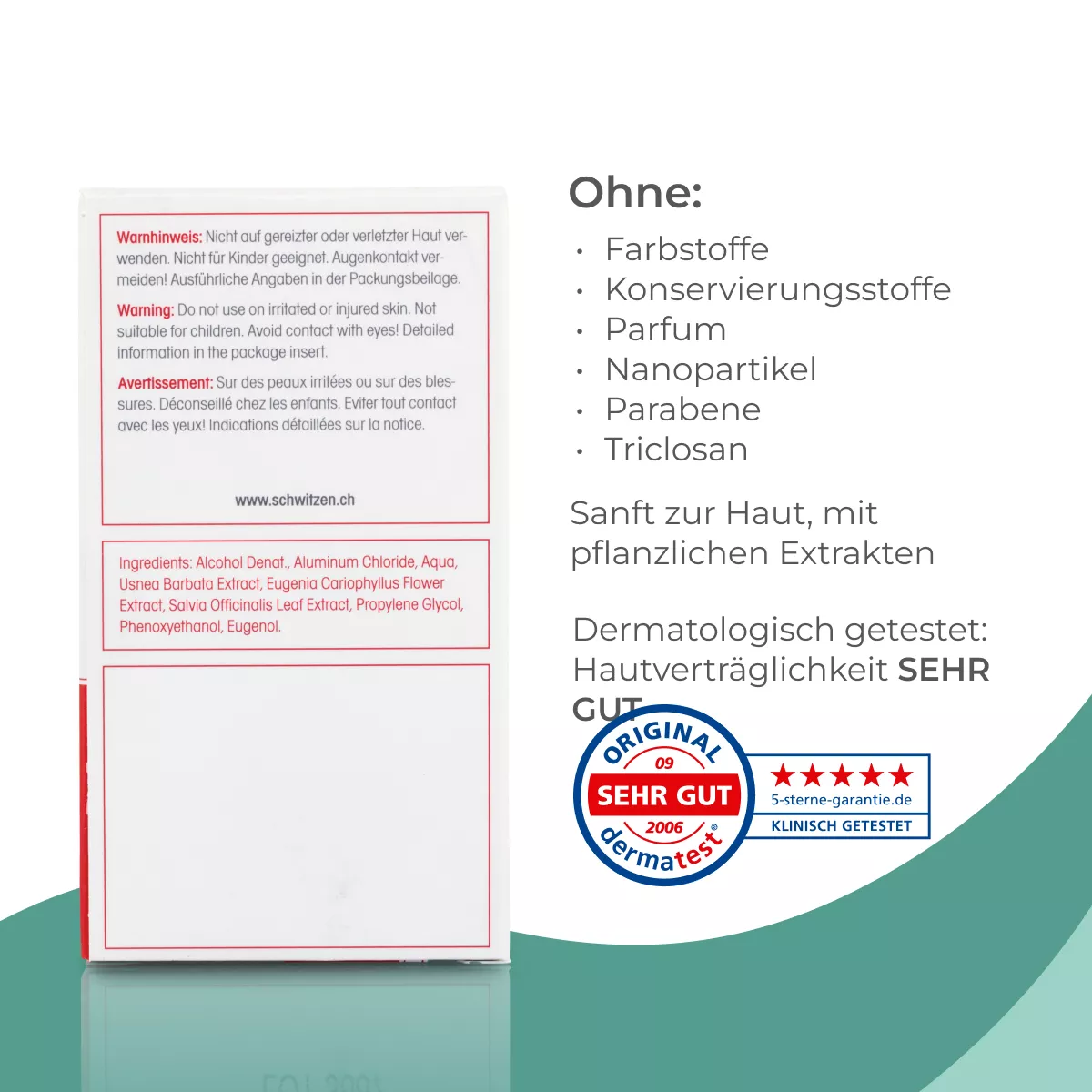 Rückseite der sweatstop Antitranspirant-Verpackung mit Warnhinweisen, Inhaltsstoffen, Hinweis auf pflanzliche Extrakte sowie ohne Farbstoffe, Parfum, Parabene und Triclosan