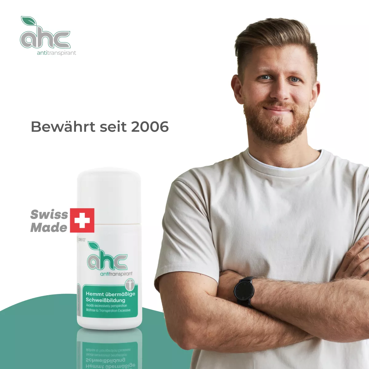 Mann neben sweatstop AHC Antitranspirant Roll-on, bewährt seit 2006, Swiss Made, hemmt übermäßige Schweißbildung