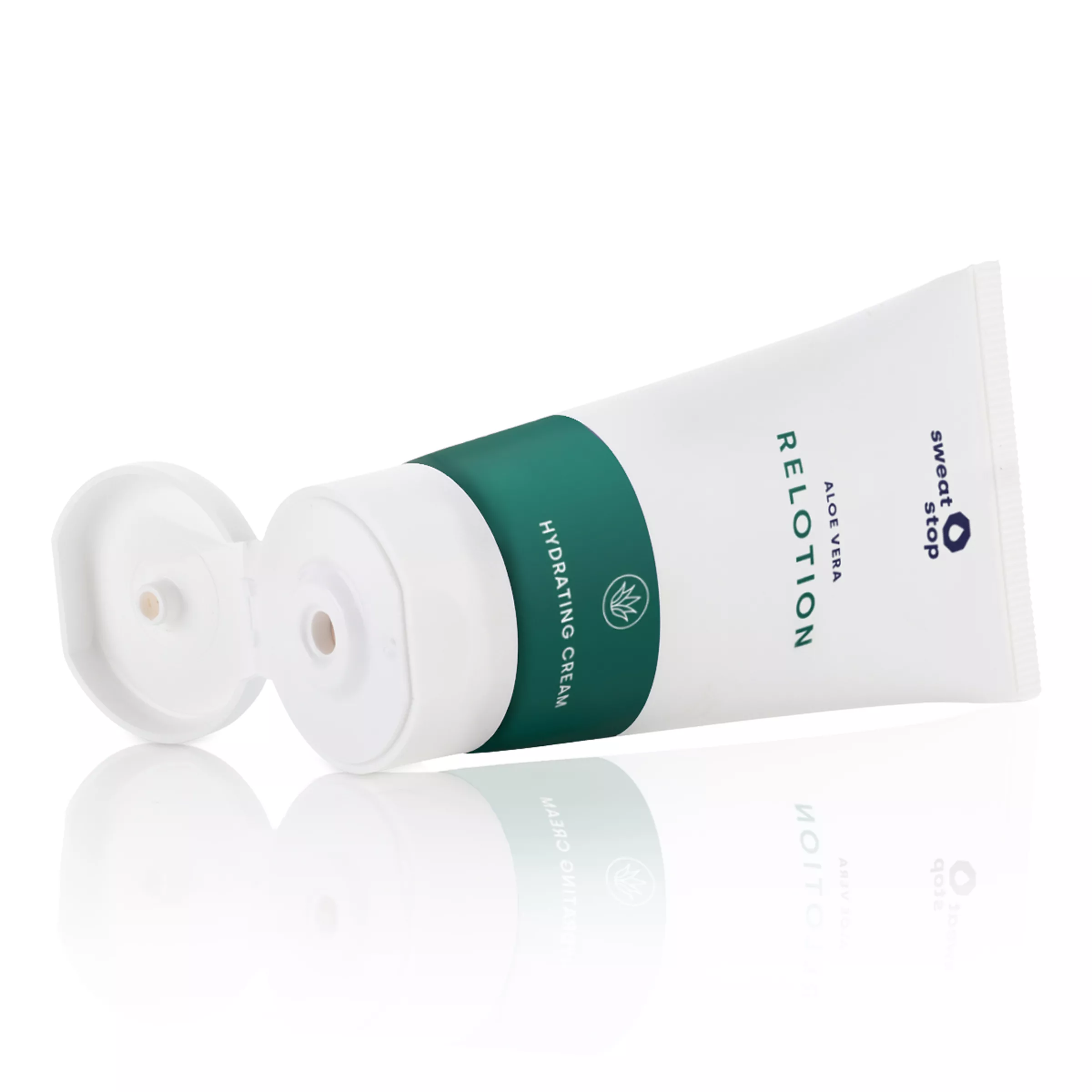 Open tube of sweatstop Aloe Vera Relotion hydrating cream on a white reflective surface
