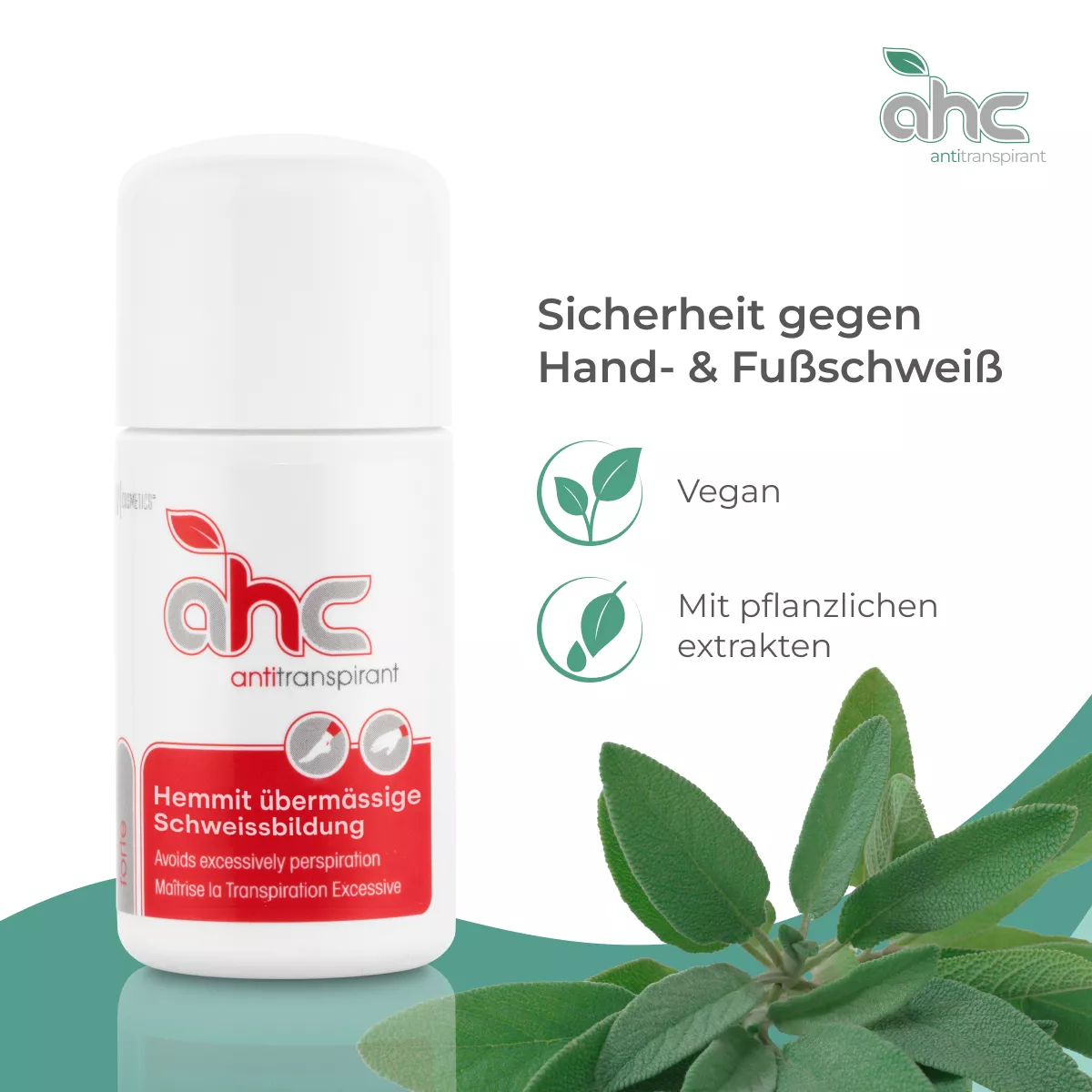 ahc antitranspirant Roll-on gegen übermäßige Schweißbildung an Händen und Füßen, vegan, mit pflanzlichen Extrakten