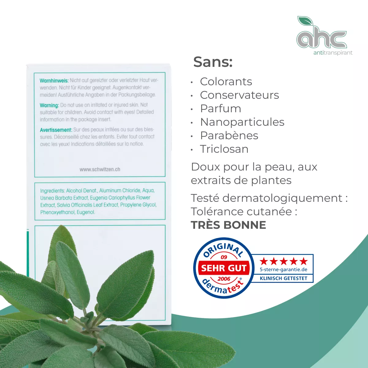 Dos de l’emballage du sweatstop ahc antitranspirant avec informations produit, ingrédients, mention sans parfum ni parabènes, extraits de plantes et sceau de test dermatologique