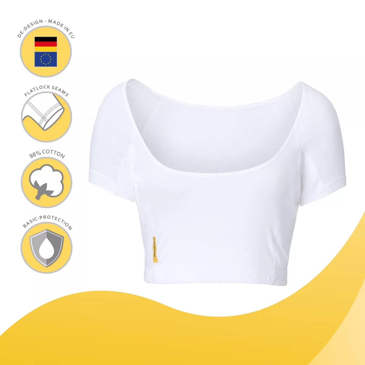Crop top blanc sweatstop pour femme, protection basique anti-transpiration, 98 % coton, coutures plates, design allemand fabriqué dans l’Union européenne