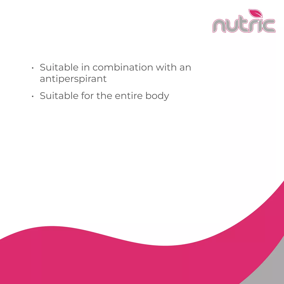 Nutric sweatstop information graphic stating suitable in combination with an antiperspirant and suitable for the entire body