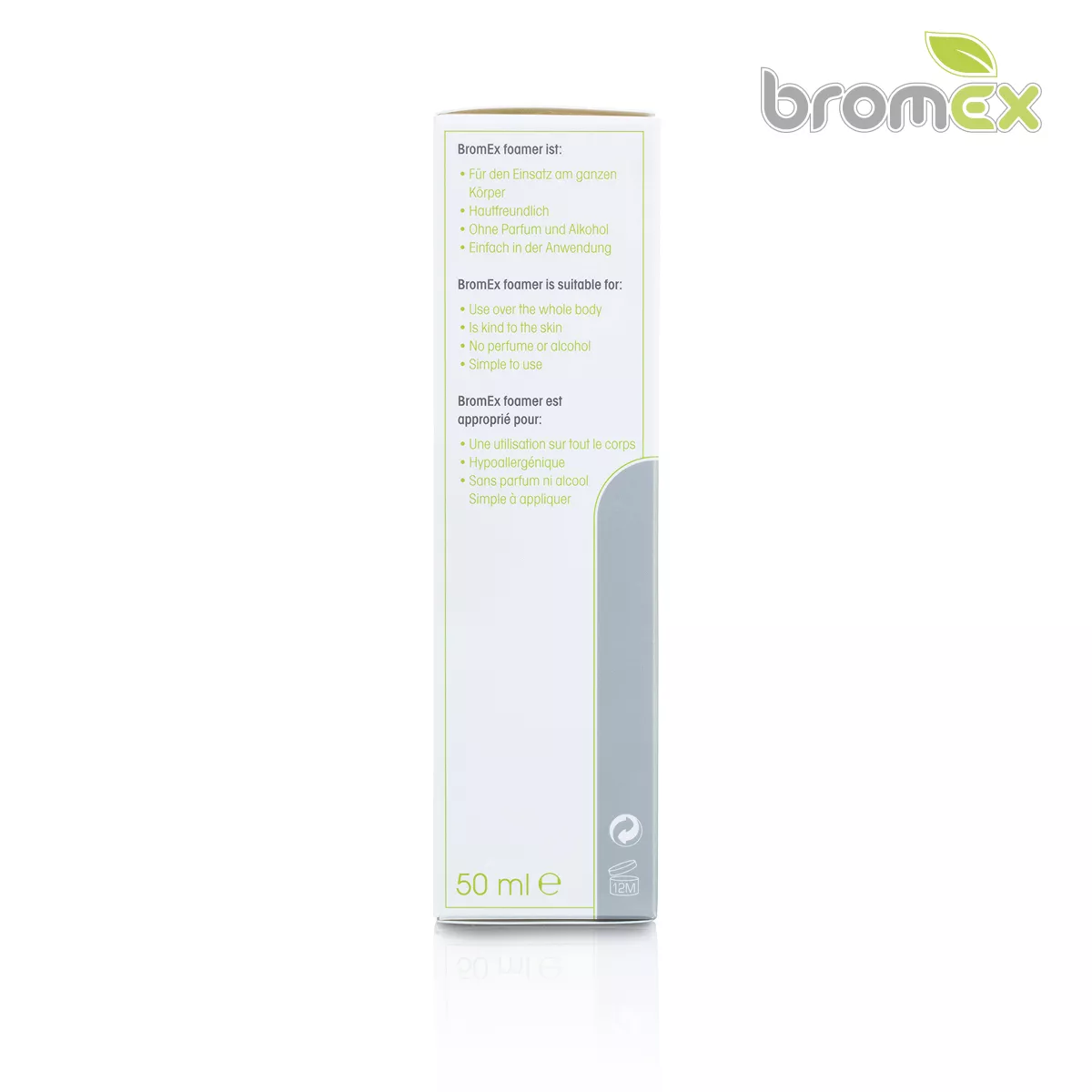 Seitenansicht der BromEx Foamer 50 ml Verpackung mit Produktinfos: für den ganzen Körper, hautfreundlich, ohne Parfüm und Alkohol, einfach anzuwenden