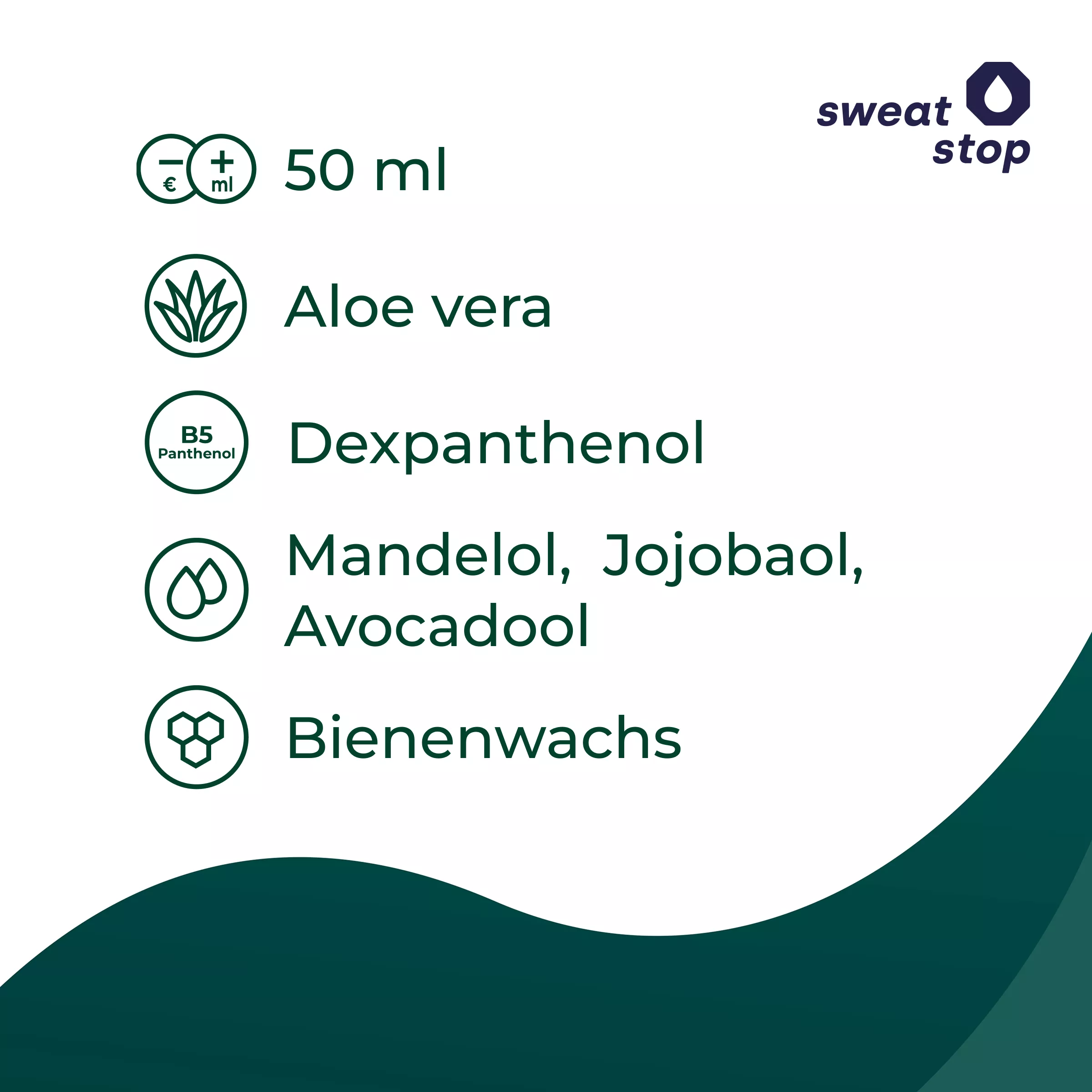 sweatstop 50 ml product graphic showing key ingredients: aloe vera, dexpanthenol, almond oil, jojoba oil, avocado oil and beeswax