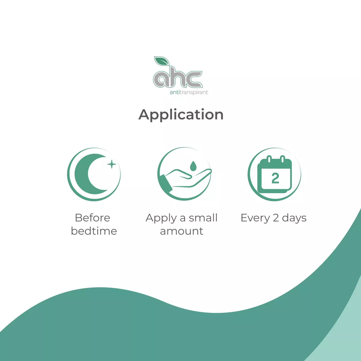 Application instructions for sweatstop ahc antiperspirant: use before bedtime, apply a small amount, and repeat every 2 days