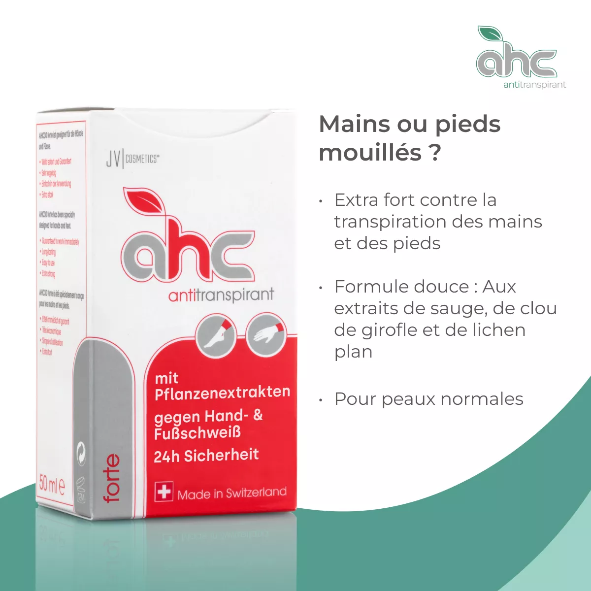 Boîte AHC antitranspirant forte sweatstop 50 ml pour mains et pieds, protection extra forte contre la transpiration, formule douce aux extraits de plantes