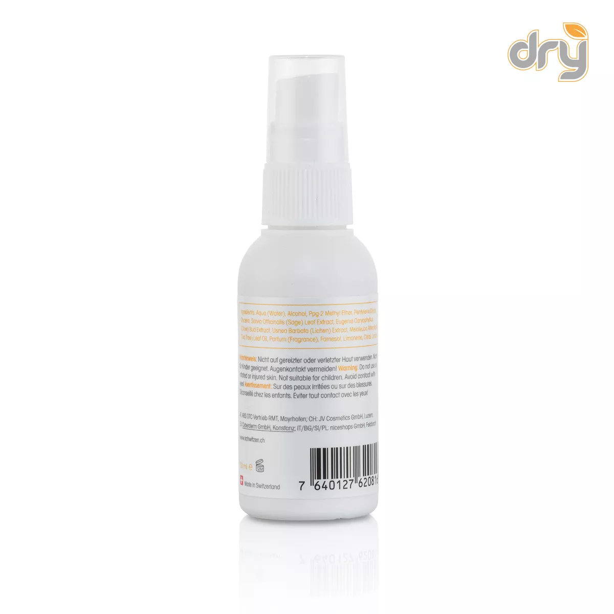 Face arrière du flacon spray sweatstop blanc avec vaporisateur, étiquette ingrédients et code-barres visibles