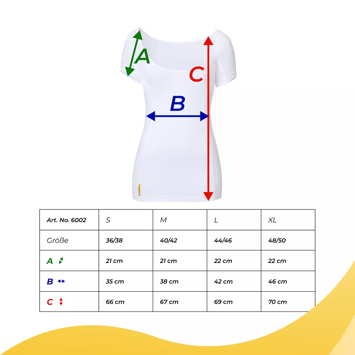 Bild der Grössentabelle für das SweatStop Damen-Shirt mit den Massen A Ärmel, B Brustbreite und C Länge für S, M, L und XL