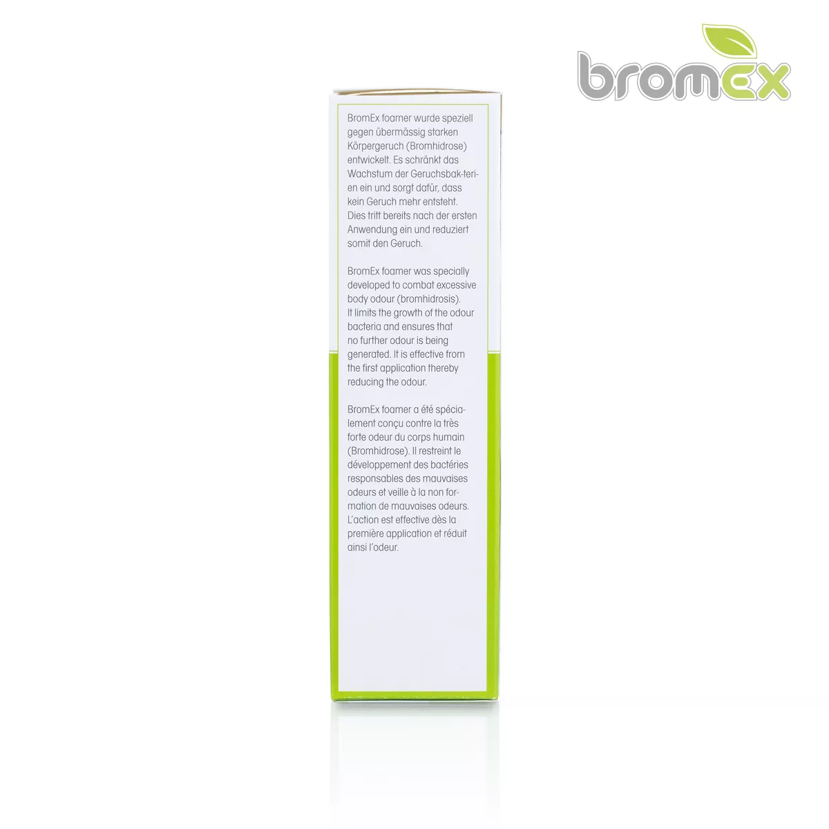 Side view of BromEx foamer packaging by sweatstop, developed to help reduce excessive body odour and bromhidrosis.