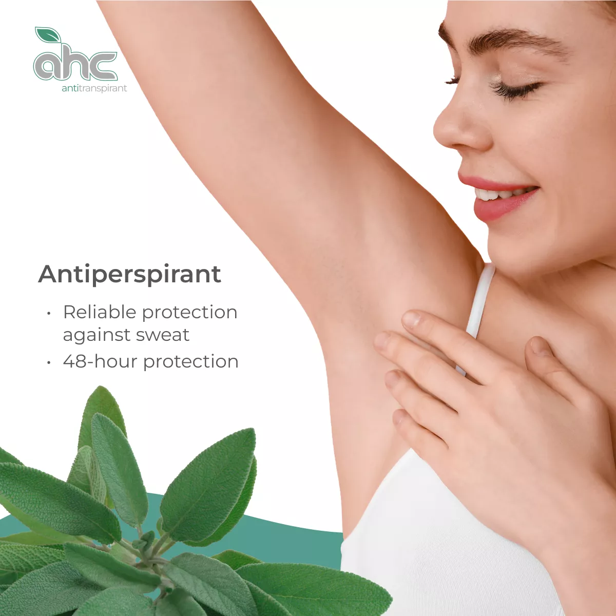 Woman with raised arm showing a dry underarm beside sweatstop antiperspirant branding and the message: reliable protection against sweat with 48-hour protection