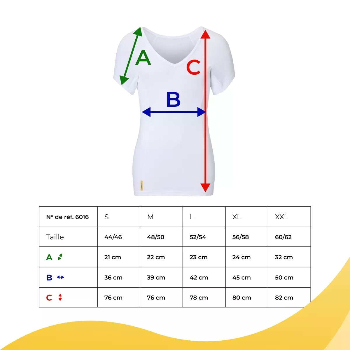 Tableau des tailles SweatStop pour T-shirt femme blanc à col V, A longueur de manche, B largeur de poitrine et C longueur totale, du S au XXL, réf. 6016