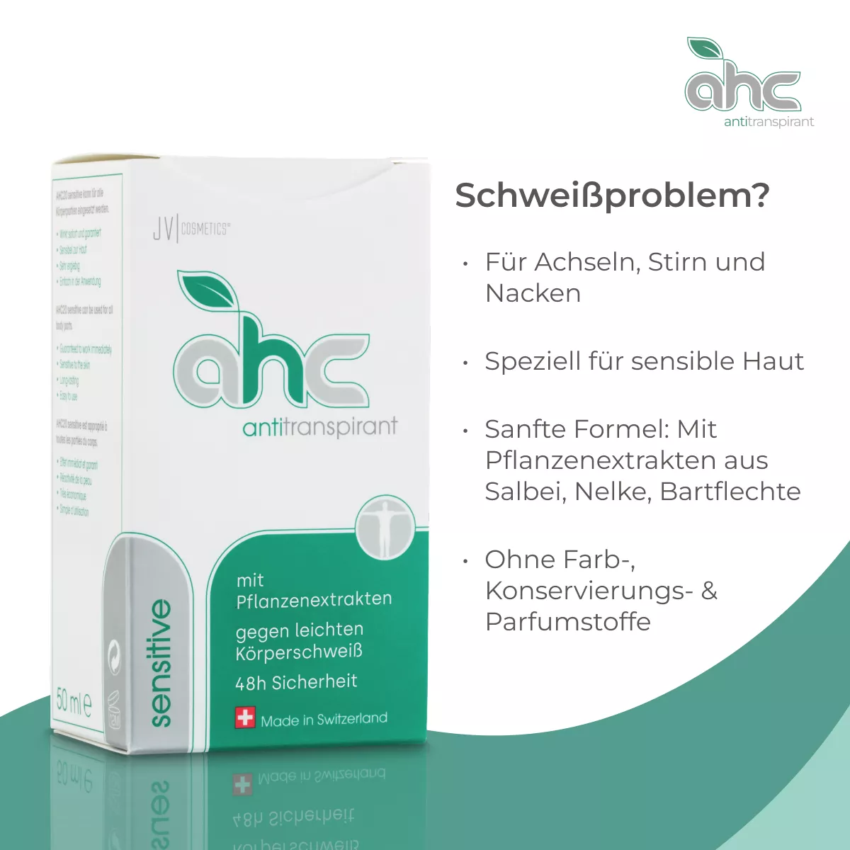 Produktbild sweatstop ahc sensitive Antitranspirant 50 ml, für Achseln, Stirn und Nacken, speziell für sensible Haut, mit Pflanzenextrakten und 48h Schutz