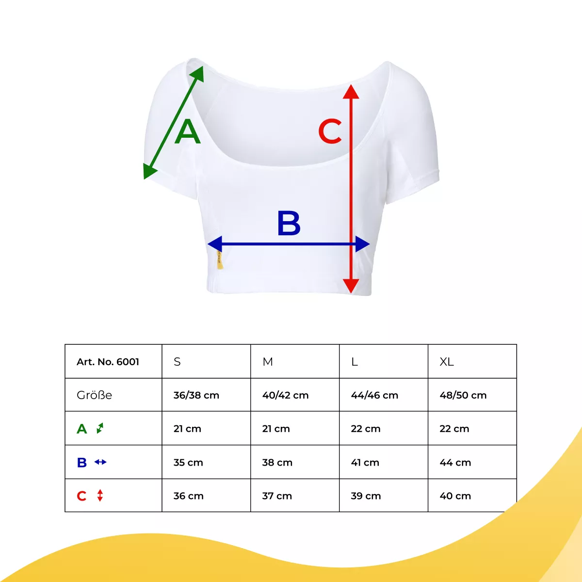 Größentabelle des weißen sweatstop Damen-Shirts Art. No. 6001 mit Maßpunkten A, B und C sowie Maßen für S, M, L und XL