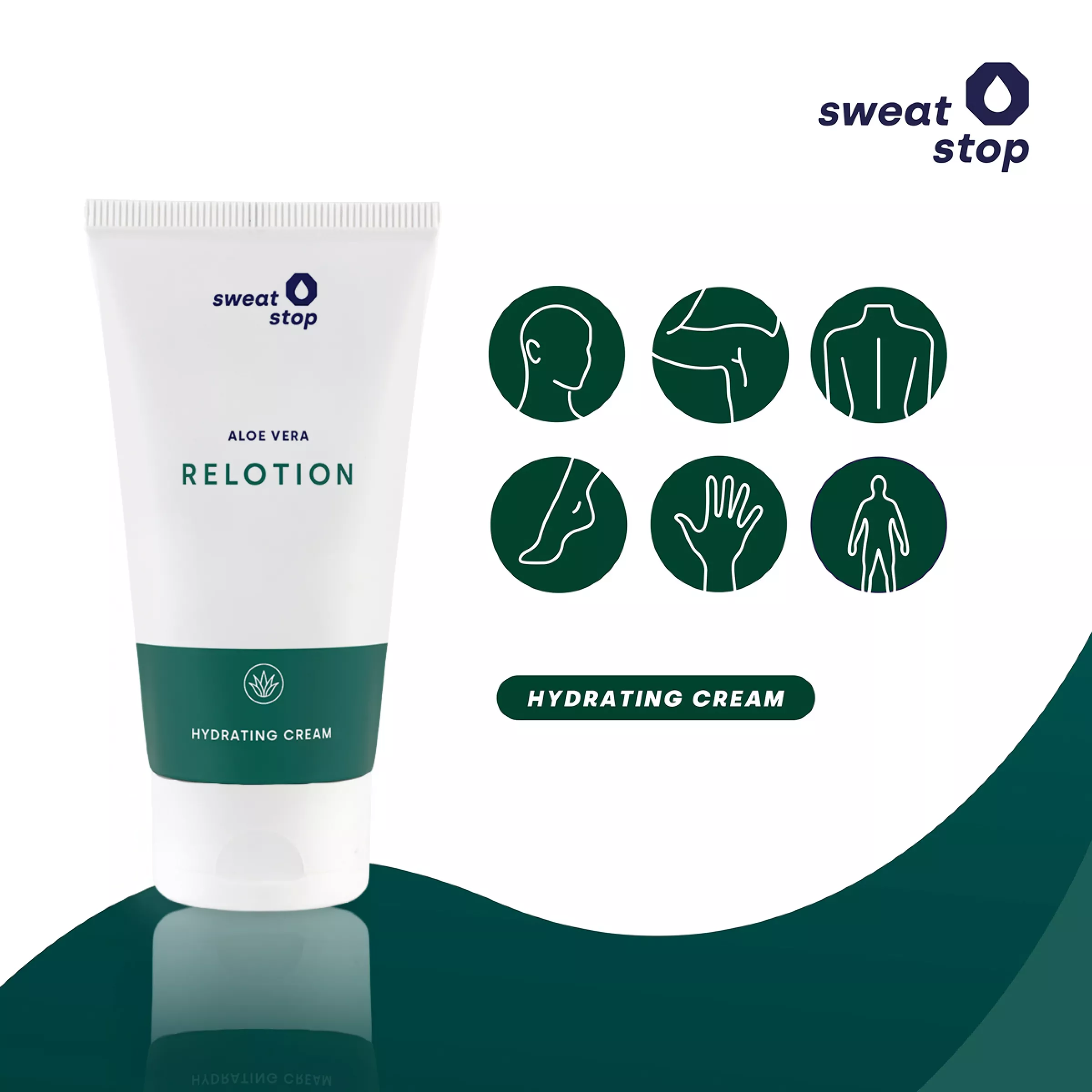 sweatstop Aloe Vera Relotion hydrating cream tube with icons showing application for face, underarms, back, feet, hands and full body