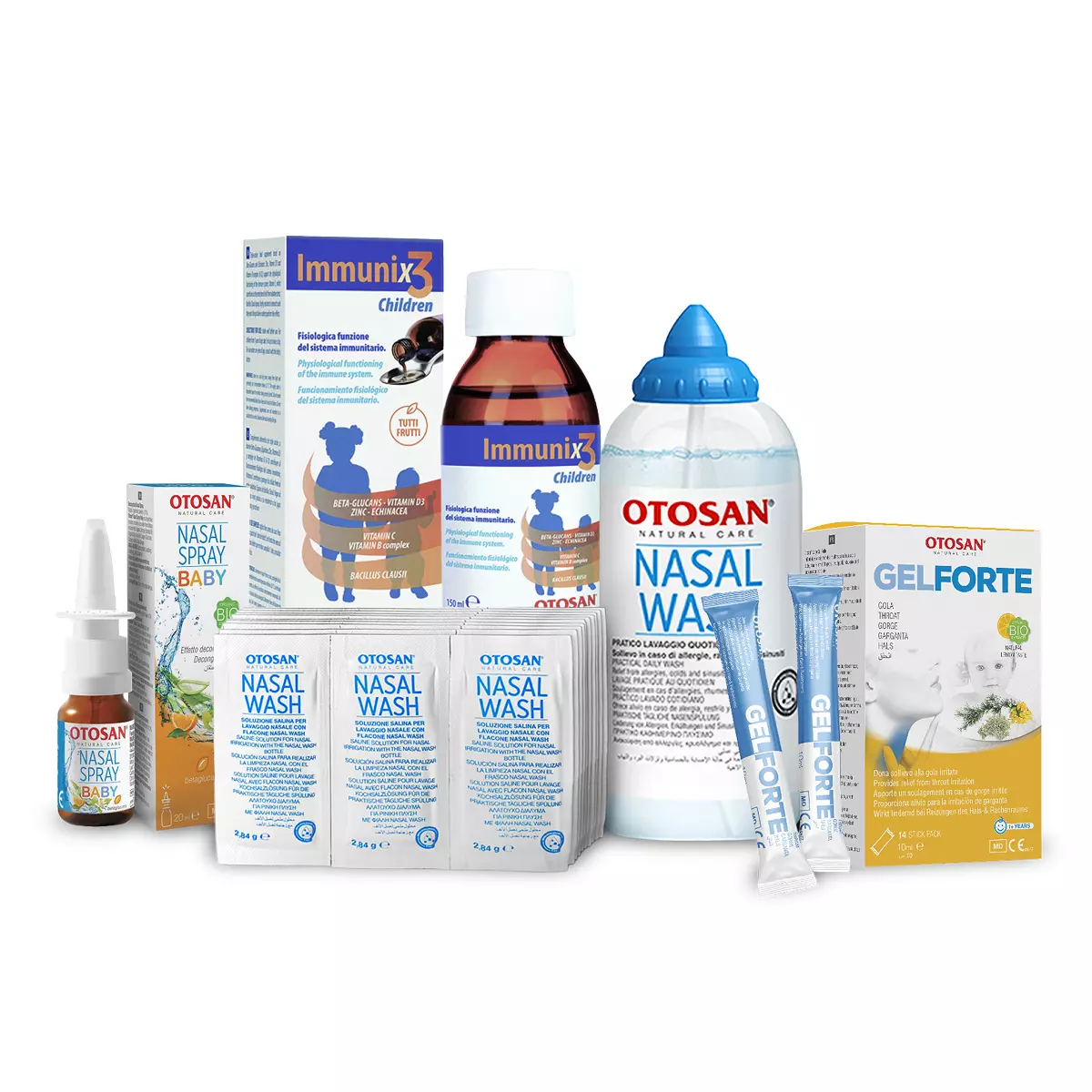 Otosan® Children's Set for the Cold Season: Nasal Spray, Throat Gel, Nasal Rinse with 30 Sachets and Immunix Syrup - Set