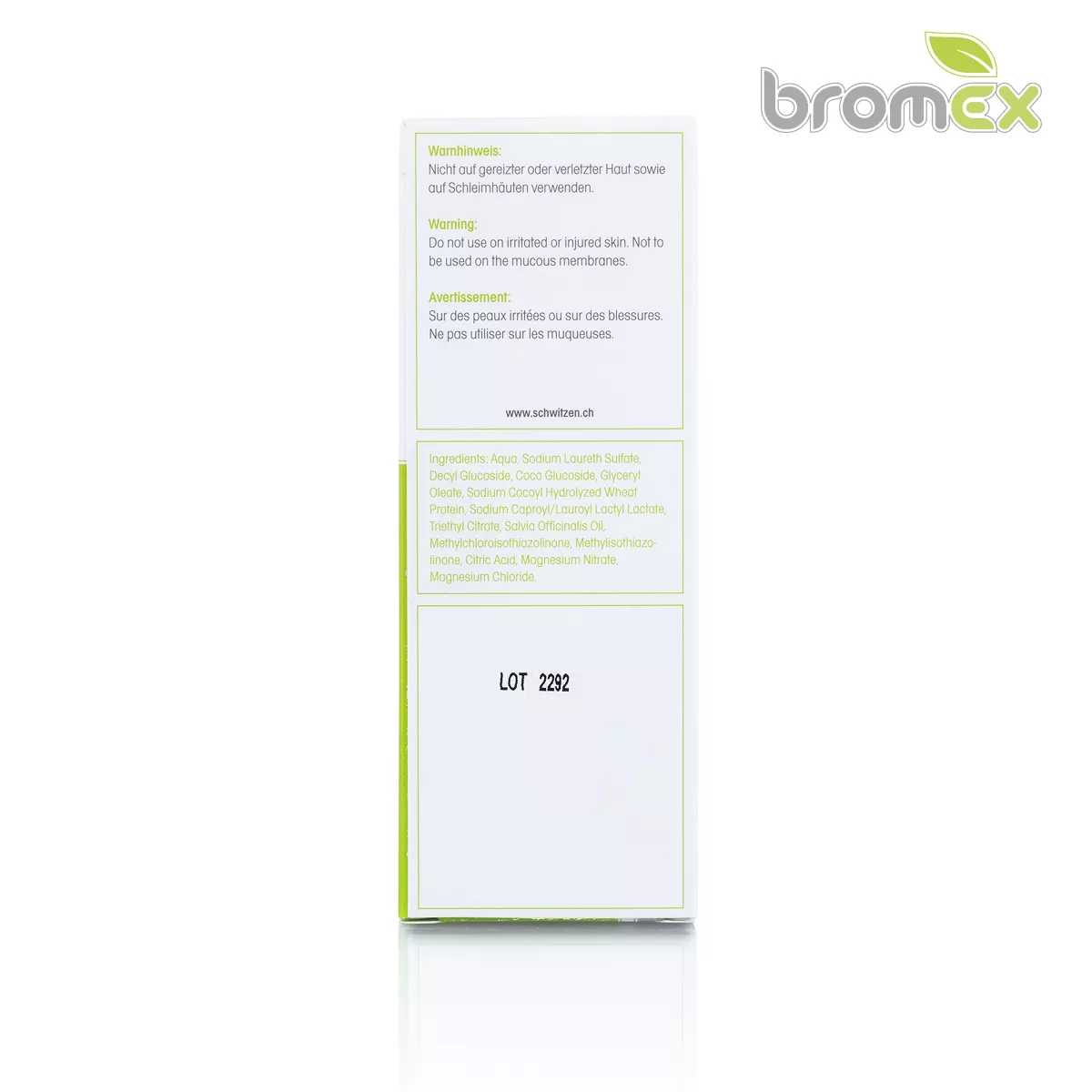 Dos de la boîte bromex avec avertissements d’utilisation, liste des ingrédients et numéro de lot du soin anti-transpiration
