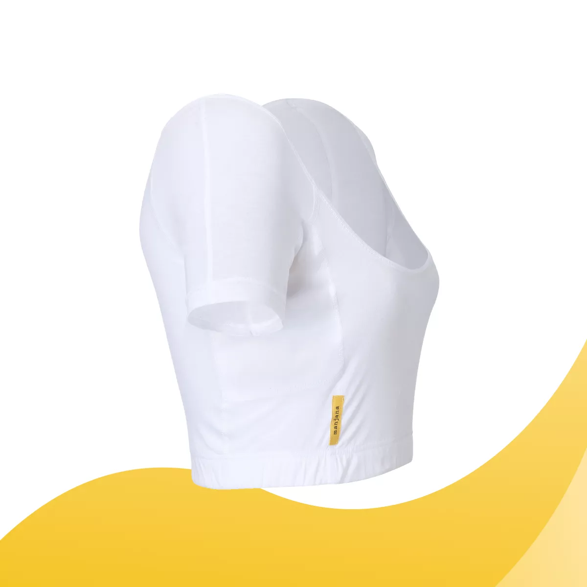 Vue de dos d’un T-shirt anti-transpiration blanc pour femme sweatstop, avec zones de protection sous les aisselles