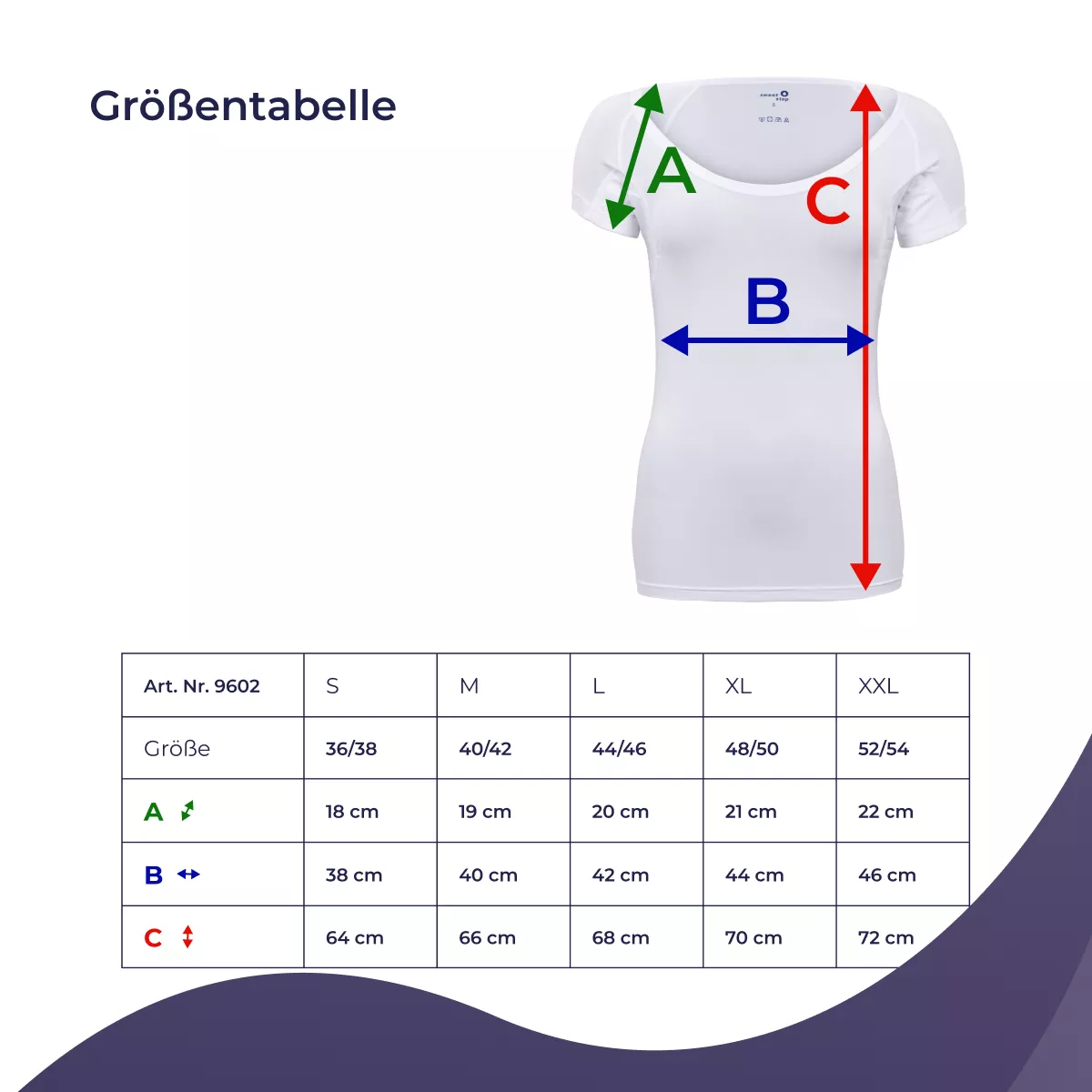 SweatStop Größentabelle für Damen-Shirt Artikel 9602 mit Messhilfe für A Ärmel, B Brustbreite und C Gesamtlänge in den Größen S bis XXL