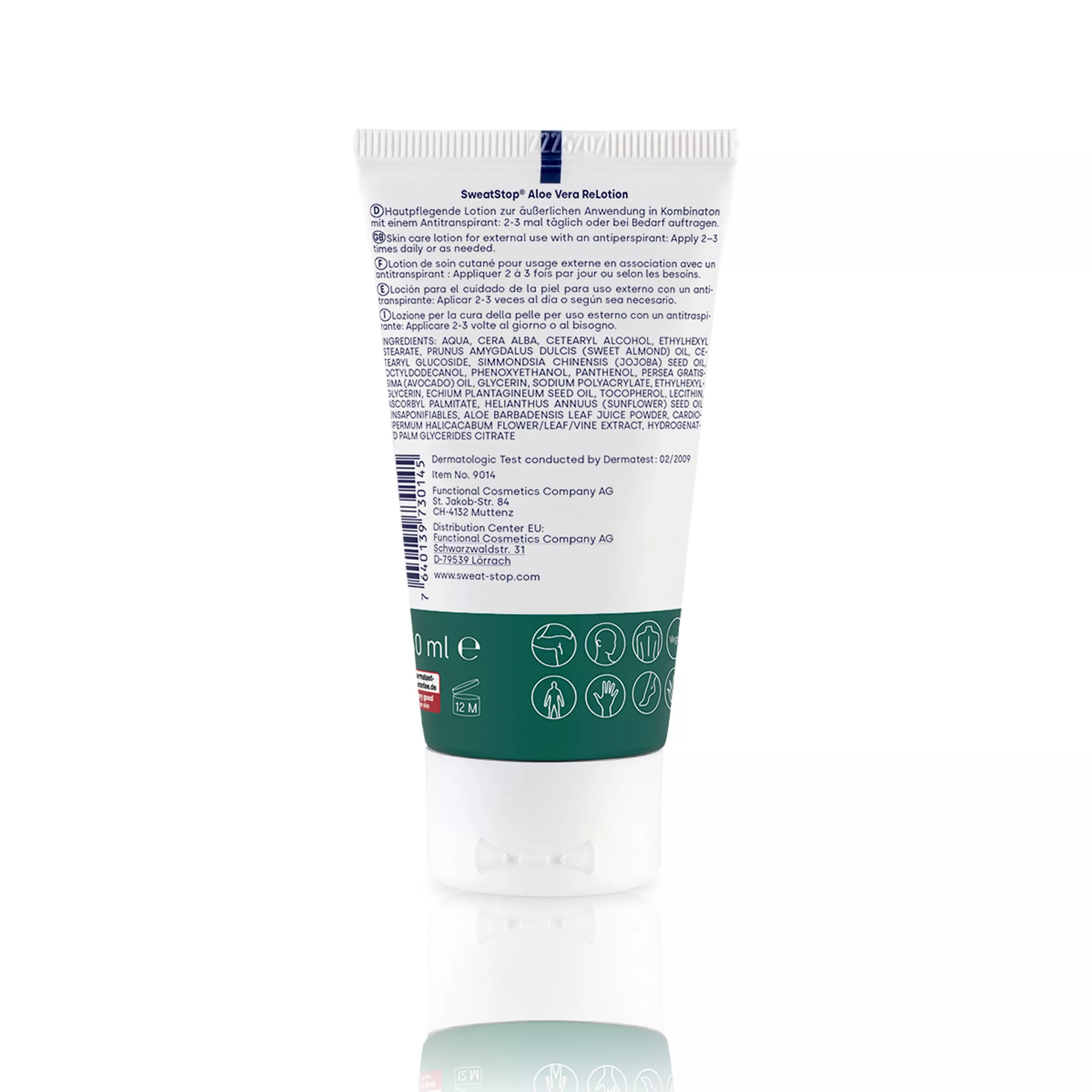 Vue arrière du tube sweatstop Aloe Vera ReLotion avec texte d’application, ingrédients et pictogrammes sur l’emballage