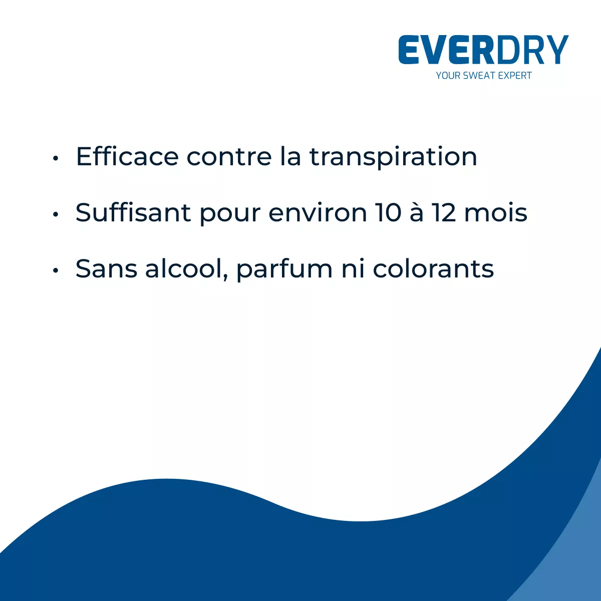 Visuel EVERDRY sweatstop présentant les avantages de l’anti-transpirant : efficace contre la transpiration, suffisant pour environ 10 à 12 mois, sans alcool, parfum ni colorants
